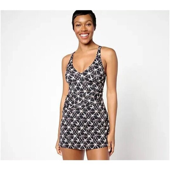 Denim & Co. Other - Denim & Co. Beach Petite V-Neck Ruched Waist Dress Black Shibori,Plus Pet 20